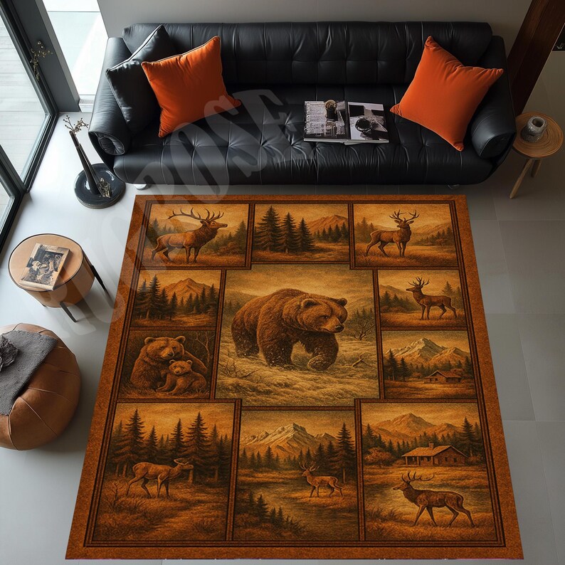 Vintage Style Bear and Deer Area Rug, Nature Themed Home Decor - Etsy
