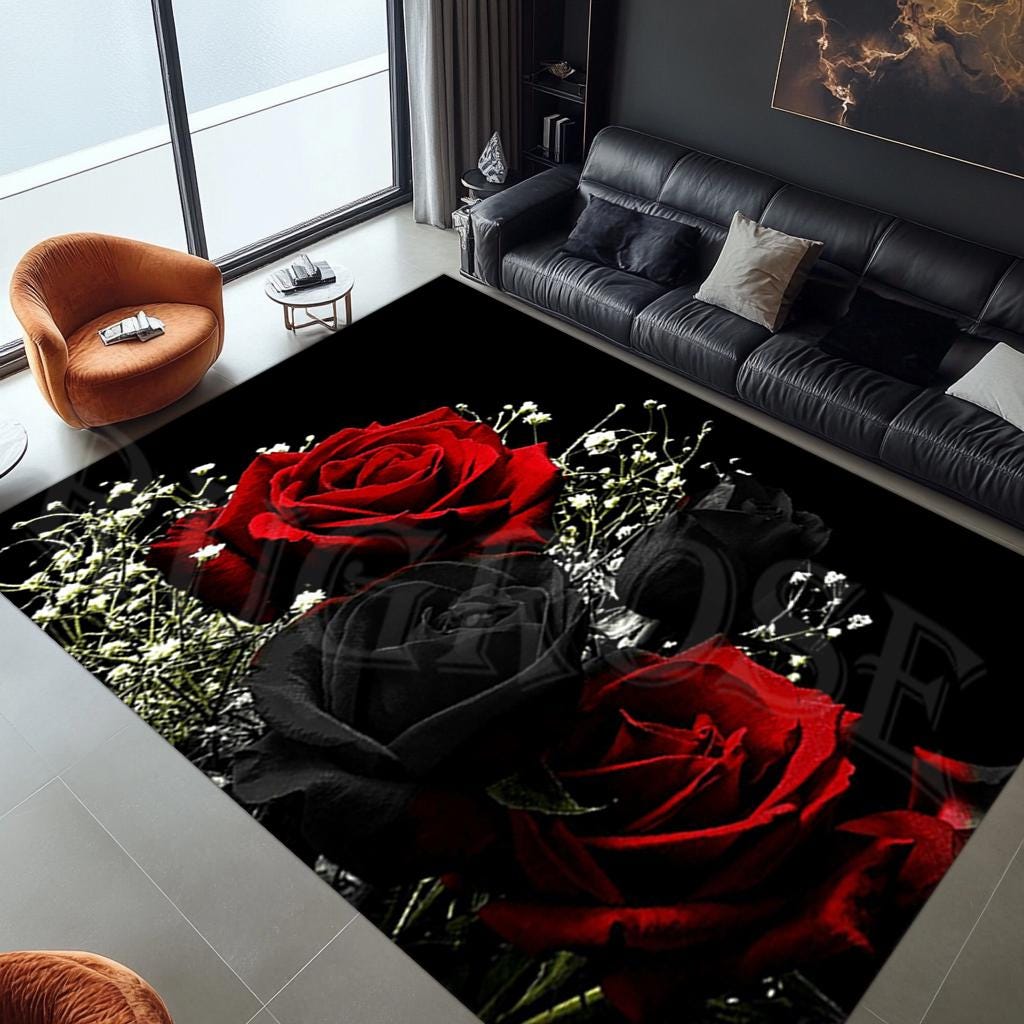 Red Rose Floral Rug, Modern Home Decor, Non-slip Cotton Base - Etsy
