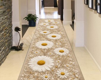 Daisy Floral Runner Rug: Beige White Botanical Carpet, Cottagecore Wildflower Garden Farmhouse Decor Luxury