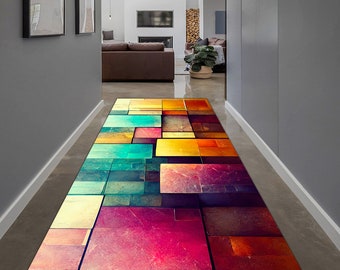 Geometric Abstract Runner Rug, Colorful Hallway Rug, Non-Slip Cotton Base