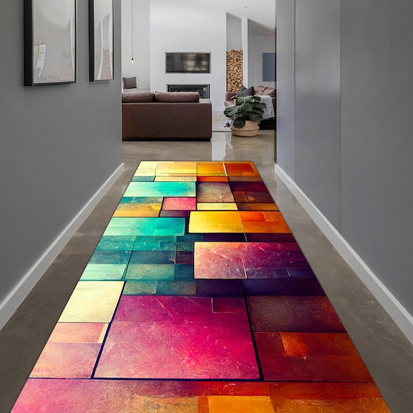 Abstract Rug, Geometric Pattern Rug, Hallway Rug, Runner Rug, Cubes Pattern Rug, Long Rug, Gift Hallway Rug,Colorful Rug, Personalized Rug