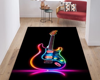 Guitar, Neon Guitar Rug, Guitar Themed Rug, Guitar Design Rugs, Music Rug, Music Room Rug, Neon Guitar Rug, Music Decor Rug, Gift Guitar Rug