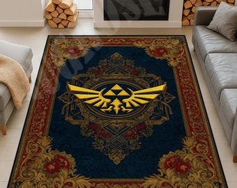Könnte beinhalten: Rechteckiger Teppich mit dunkelblauem Hintergrund und goldenem Emblem in der Mitte. Das Emblem zeigt einen stilisierten Vogel mit einem Dreieck darüber. Der Teppich hat einen roten und goldenen Zierrand.