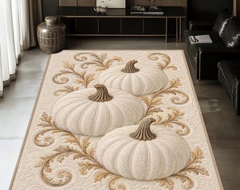White Pumpkin Baroque Rug: Elegant Autumn Harvest Carpet, Neutral Fall Decor