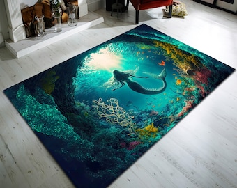 Tappeto a forma di sirena, tappeto con motivo a sirena, tappeto a forma di sirena, arredamento nautico, tappeto per la casa, sirena, mondo sottomarino, tappeto decorativo, tappeto fantasy