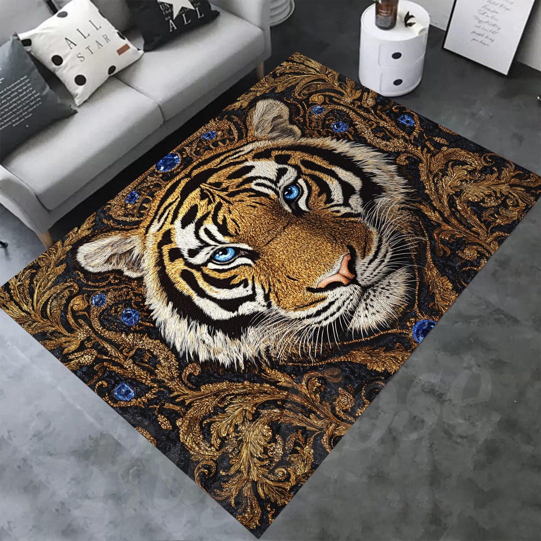 トラディショナルスタイルのタイガー柄ラグ、アニマルプリントの