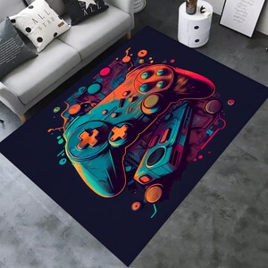 Può includere: Un tappeto blu scuro con un'illustrazione colorata di un controller per videogiochi. Il controller è blu, verde, arancione e rosso. Lo sfondo è blu scuro con schizzi di colore.