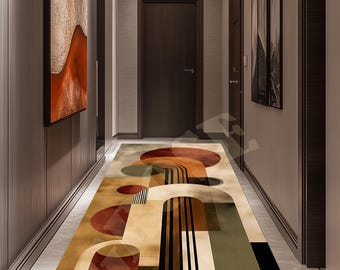 Abstract Mid Century Runner Rug, Non-Slip Hallway Carpet
