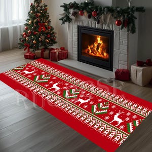 Red Christmas Runner Rug, Deer Pattern, Non-Slip Cotton Base