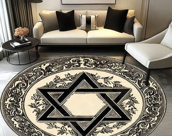 Round Pentagram Rug, Gothic Protection Symbol Carpet, Microfiber Polyester Base