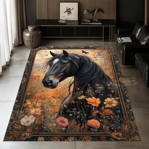 May include: Rectangular area rug featuring a black horse head with a white blaze, set against a backdrop of colorful flowers. The rug has a dark border with ornate detailing, creating a framed effect. The color palette includes shades of orange, pink, and brown.