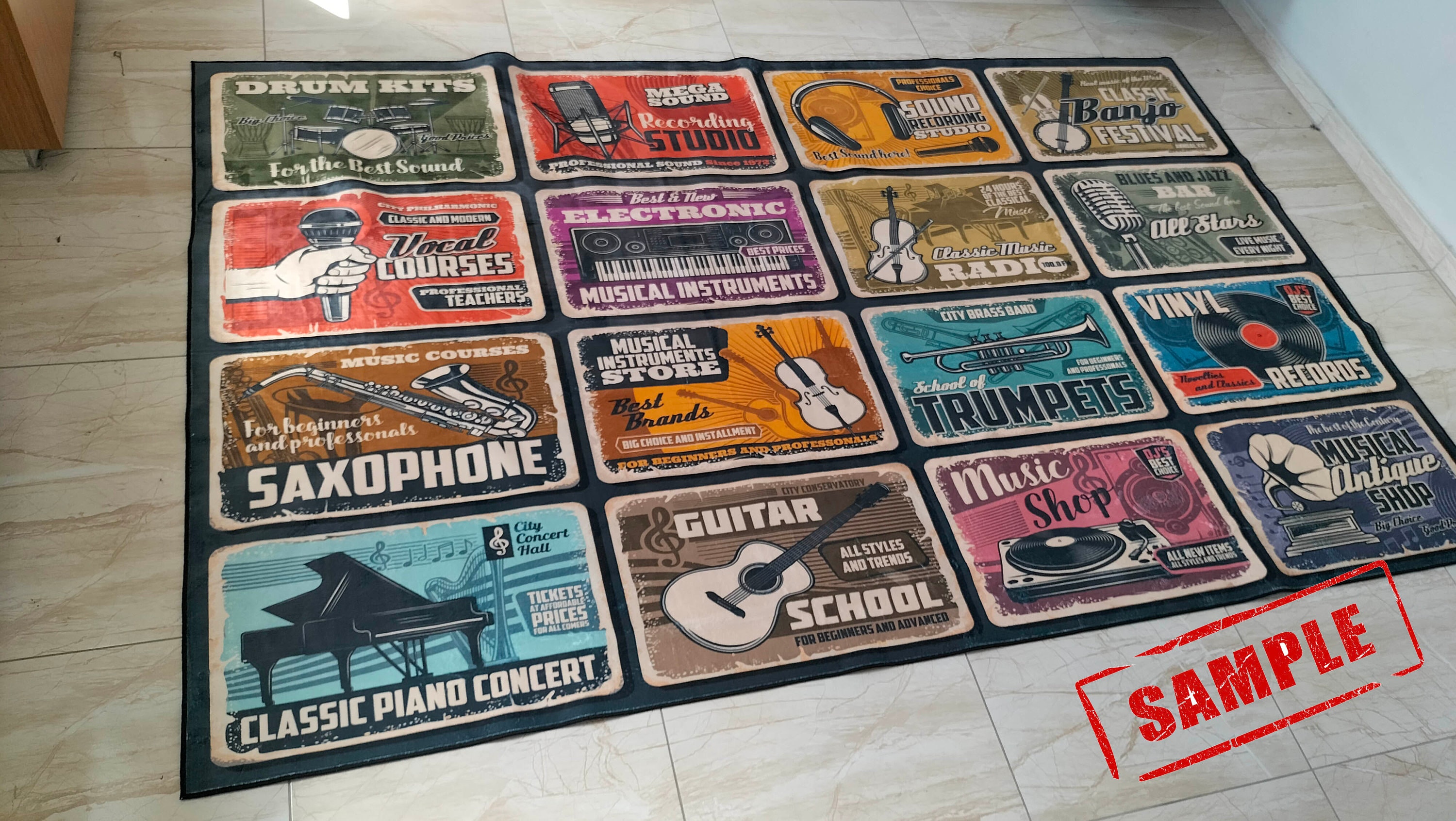 Musical Instrument Rug Retro Music Instruments Area Rug, Non-slip Cotton Base - Etsy