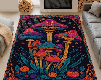 Neon Mushroom Area Rug, Psychedelic Home Decor