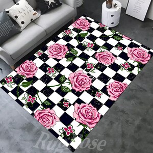 Pink Rose Rug, Modern Floral Rug, Square Pattern Rug, Black Striped Rug ...