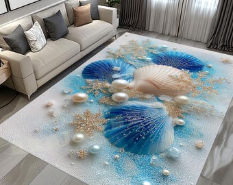Coastal Seashell Rug: Blue Pearl Ocean Carpet, White Nautical Design, Luxury Beach House Decor
