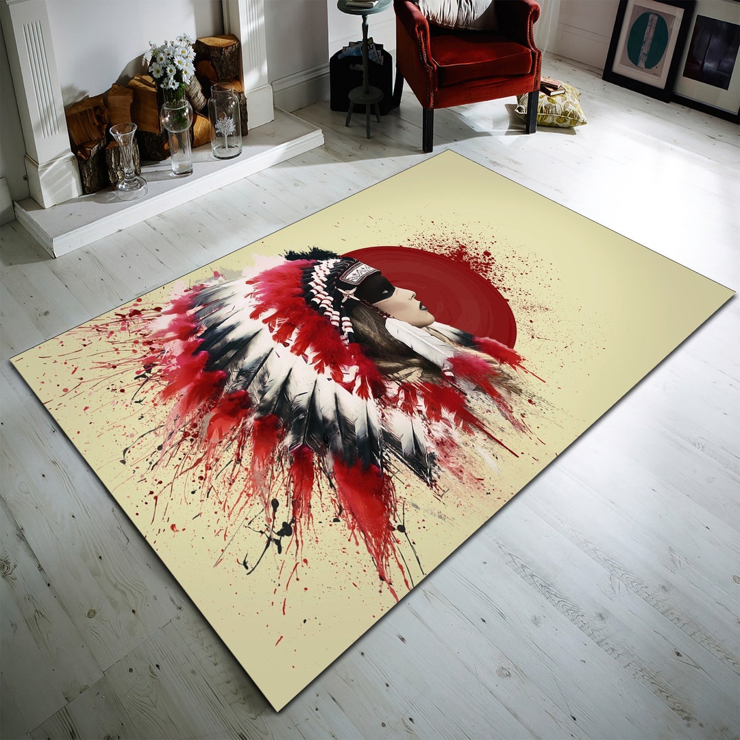 Indian Girl, Indian Pattern Rug, Feather Rug, American Themed Rug, Home