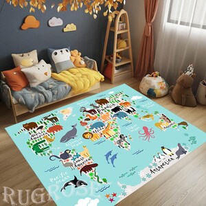 Tierweltkarte, Tierkarte, Anti-Rutsch-Kinderdecke, Süßtiere, Lernteppich, Kinderzimmer Karte, Aktivitätsmatte, Entdecker, Lernteppich