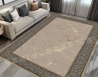 Marble Border Rug: Beige Gold Stone Carpet, Black Ornamental Frame, Elegant Classic Luxury Decor