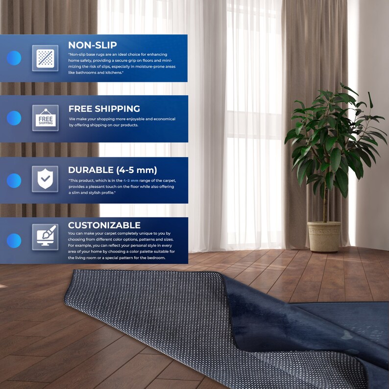 May include: A blue rug with a non-slip backing. The rug is shown in a room with hardwood floors and a plant. The text on the image reads "Non-slip", "Free Shipping", "Durable (4-5 mm)", and "Customizable".