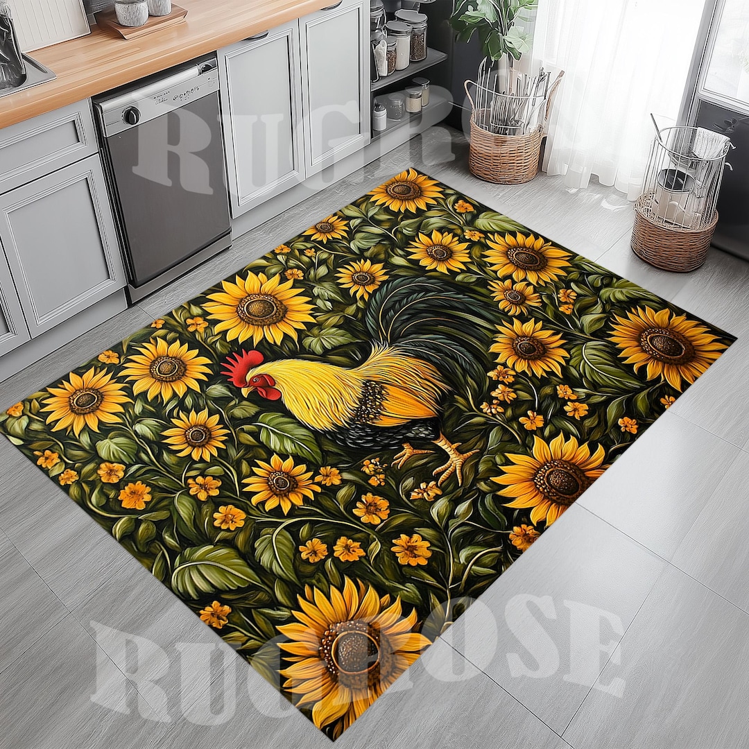 Sunflower Rooster Kitchen Rug, Non-slip Cotton Base - Etsy
