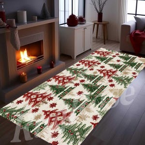 Christmas Tree Runner Rug, Holiday Hallway Carpet, Non-Slip Cotton