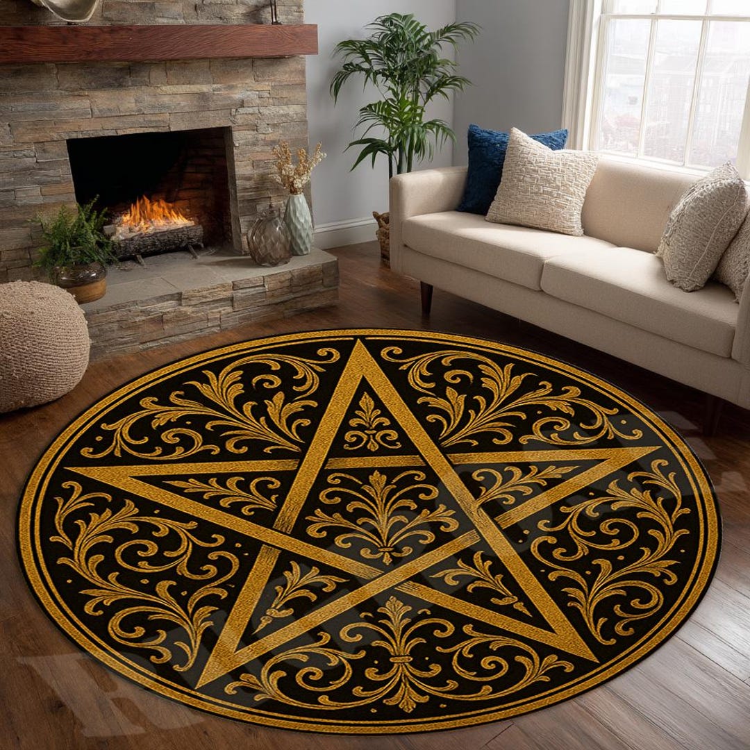 Pentagram Rug Design Gold Pentagram Rug: Gothic Protection Symbol Round Carpet - Etsy