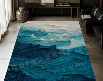 Ocean Waves Rug: Blue Coastal Seascape Carpet, Textured Marine Artwork, Modern Beach House Decor