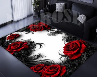 Red Rose Non-Slip Area Rug, Floral Pattern, Cotton Base