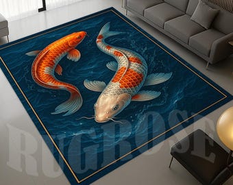 Couple Koi Fish Area Rug, Japanese Art, Non-Slip Cotton Base