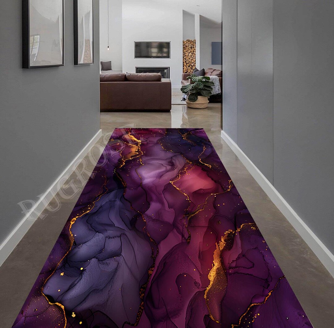 Purple Gold Marble Hallway Rug, Modern Decor - Etsy