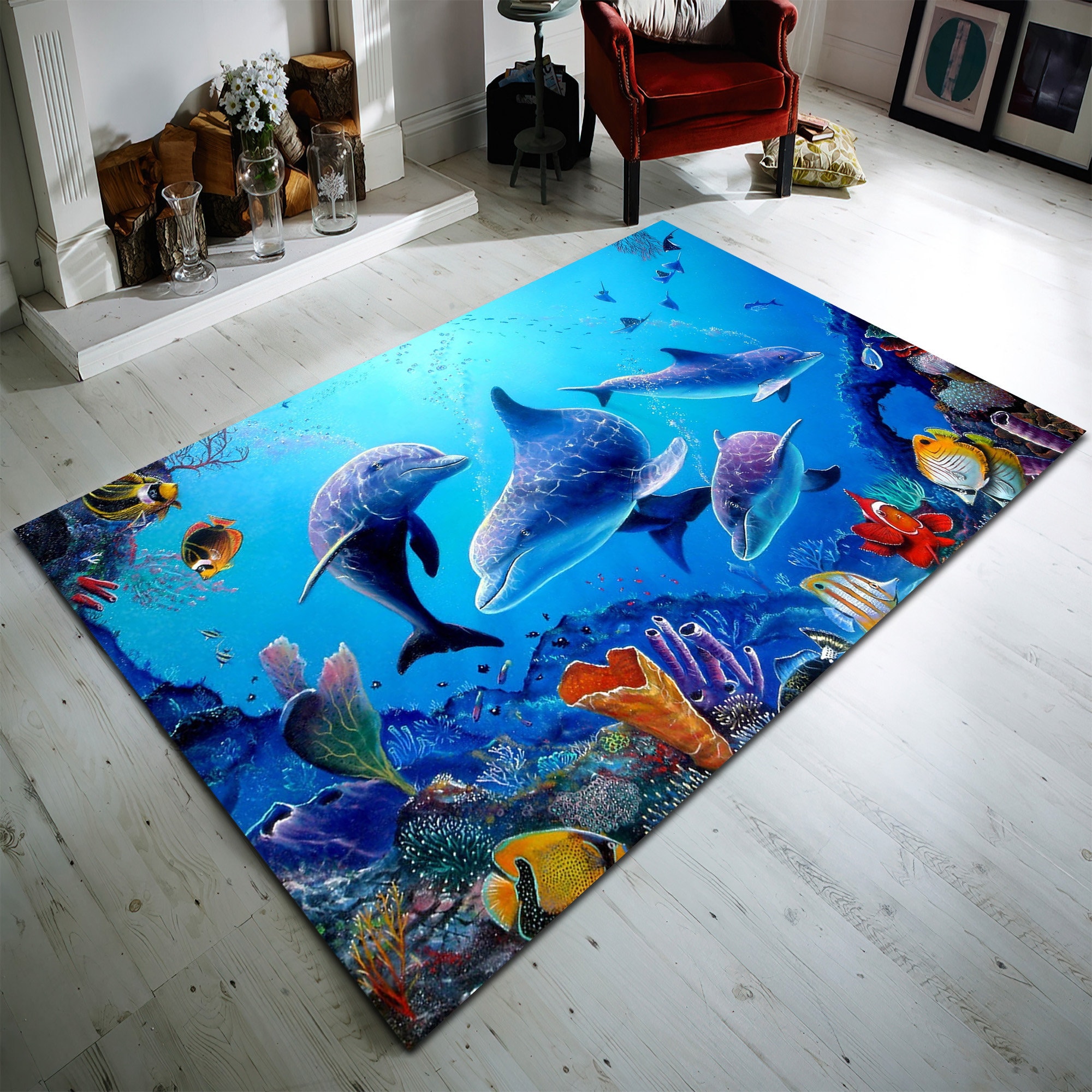 Dolphin Fish Rug, Ocean Nautical Theme, Non Slip Modern Rug - Etsy