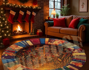 Library 3D Illusion Round Rug, Book Lover Decor