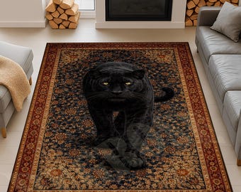 Panther Area Rug, Traditional Animal Print, Non-Slip Cotton Base