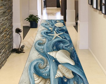 Coastal Seashell Runner Rug: Pastel Beach Waves, Starfish Ocean Sand Pattern