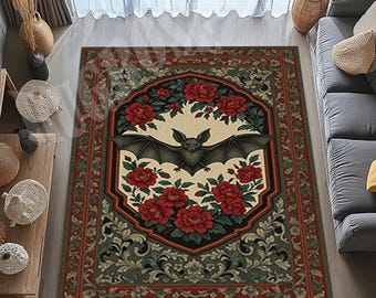 Gothic Bat Area Rug, Mystical Flower Decor