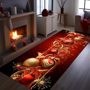 May include: A rectangular Christmas-themed rug with a red and black background. The rug features gold and red ornaments, gold embellishments, and strings of pearls. The design includes gold stars and red berries, creating a festive holiday look.