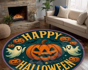 ハロウィンの丸いカボチャラグ：不気味な季節のデコレーション