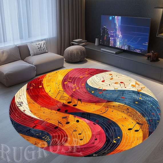 Colorful Music Notes Round Rug, Modern Area Rug