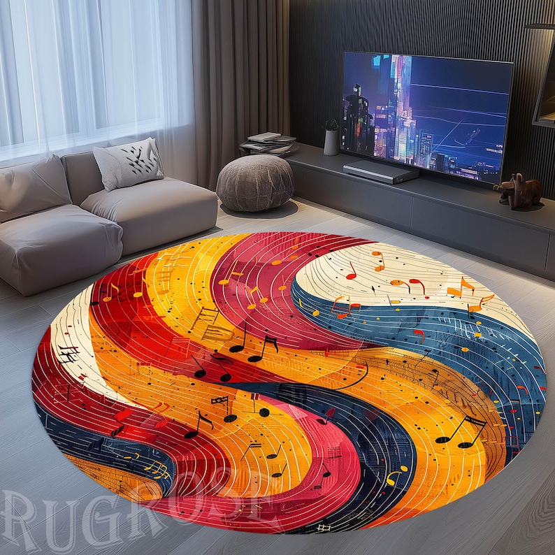 May include: A round rug with a colorful design featuring musical notes and wavy lines in shades of red, yellow, blue, and white.