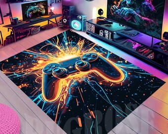 Neon Game Controller Rug, Gaming Room Decor