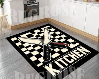 Modern Black and White Kitchen Rug, Non-Slip Cotton Base