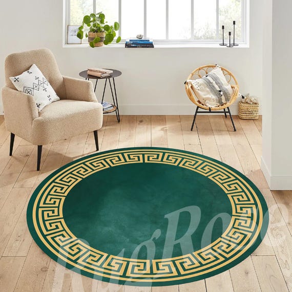 Gold and Green Round Rug, Greek Key Pattern, Modern Area Rug - Etsy