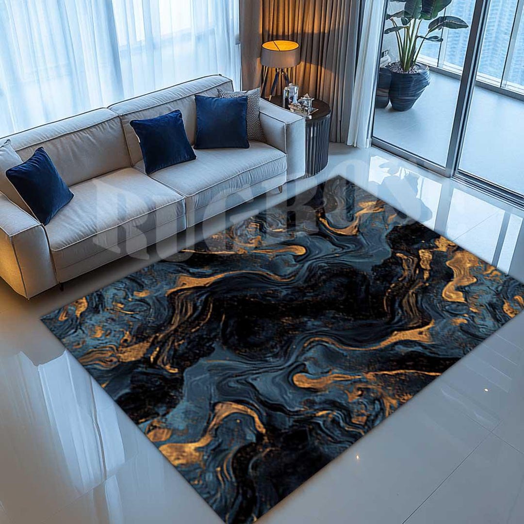 Blue and Gold Marble Rug, Modern Abstract Design, Non-slip Cotton Base ...