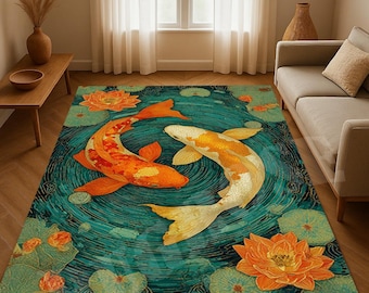 Koi Fish Area Rug, Japanese Art, Floral Pond Design