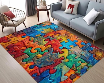 Pode incluir: Um tapete colorido com um design de quebra-cabeça. O tapete apresenta peças de quebra-cabeça interligadas em tons de vermelho, laranja, amarelo, azul e verde. O tapete é colocado sobre um chão de madeira numa sala de estar.
