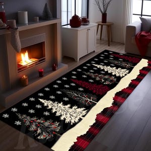 May include: A black and white Christmas-themed runner rug with a red and black plaid border. The rug features a snowy scene with white trees and snowflakes on a black background.