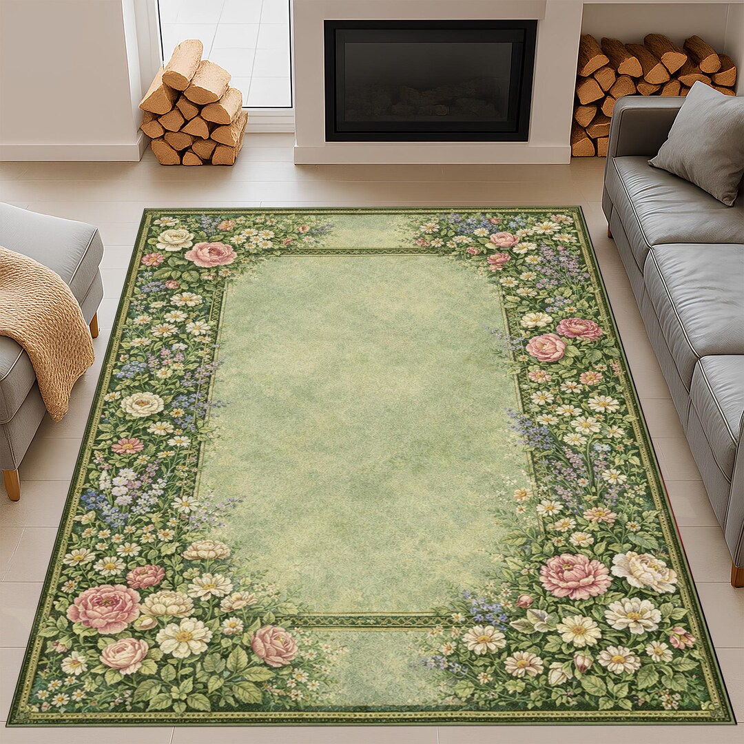 Botanical Floral Area Rug, Dark Green Garden Themed Carpet - Etsy