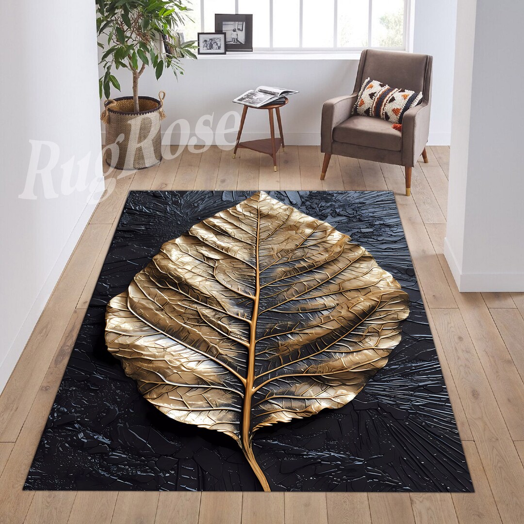 Leave Pattern Rug, Gold Leaves Rug, Gold Pattern Leaves, Monstera Gold ...