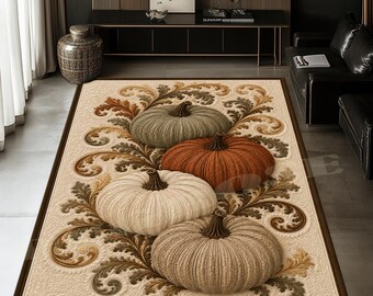 White Pumpkin Baroque Rug: Elegant Autumn Harvest Carpet, Neutral Fall Decor