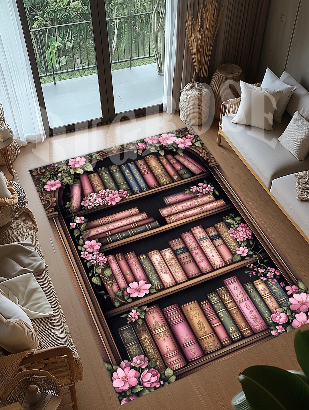 Library Rug, Reading Book Rug, Bookshelf Rug,pink Flower Bookshelf Rug ...